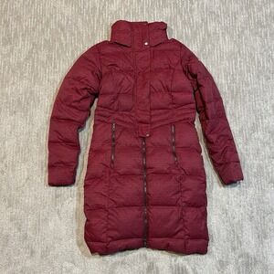 Columbia Women's Small duck down long hooded puffer jacket deep red/maroon color